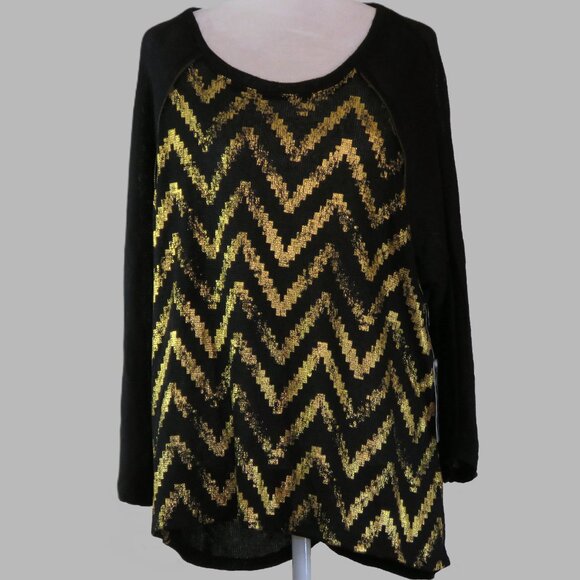 Junior Plus Black & Gold Long Sleeve Pullover Embellished Blouse Size 1X (C895) - Picture 2 of 9